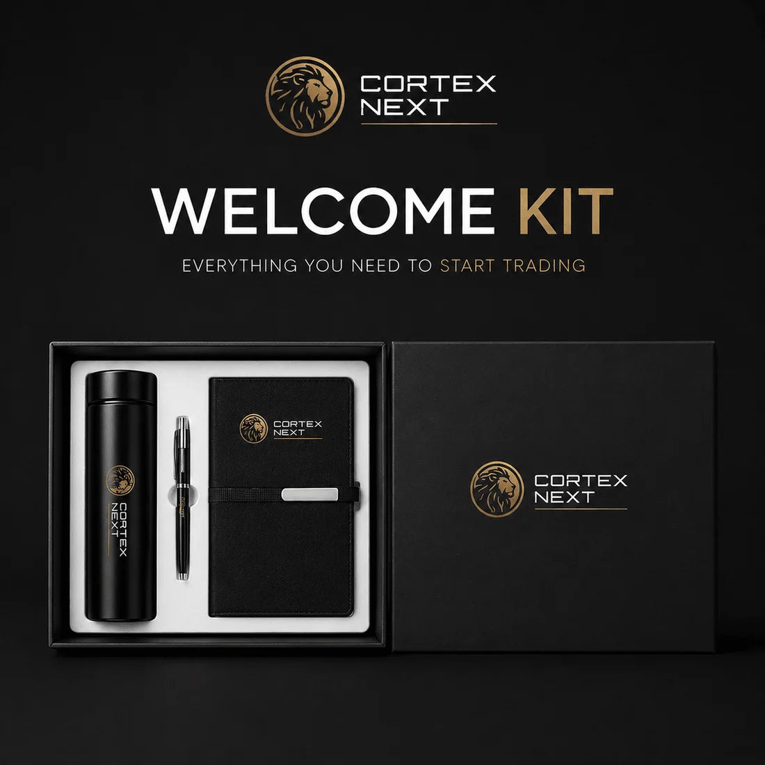 Cortex Next Welcome Kit: bottle, pen, notebook, cap and box