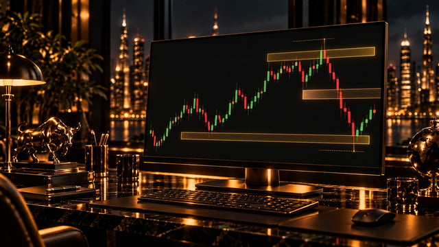 Dark candlestick chart with gold supply and demand zones