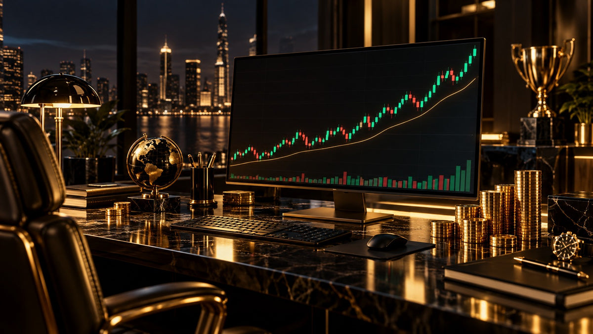 Trading desk with a rising equity curve, gold coins and a trophy