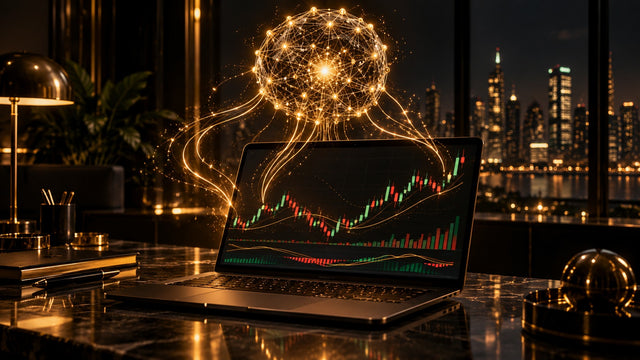 AI neural network sphere above a laptop showing a trading chart