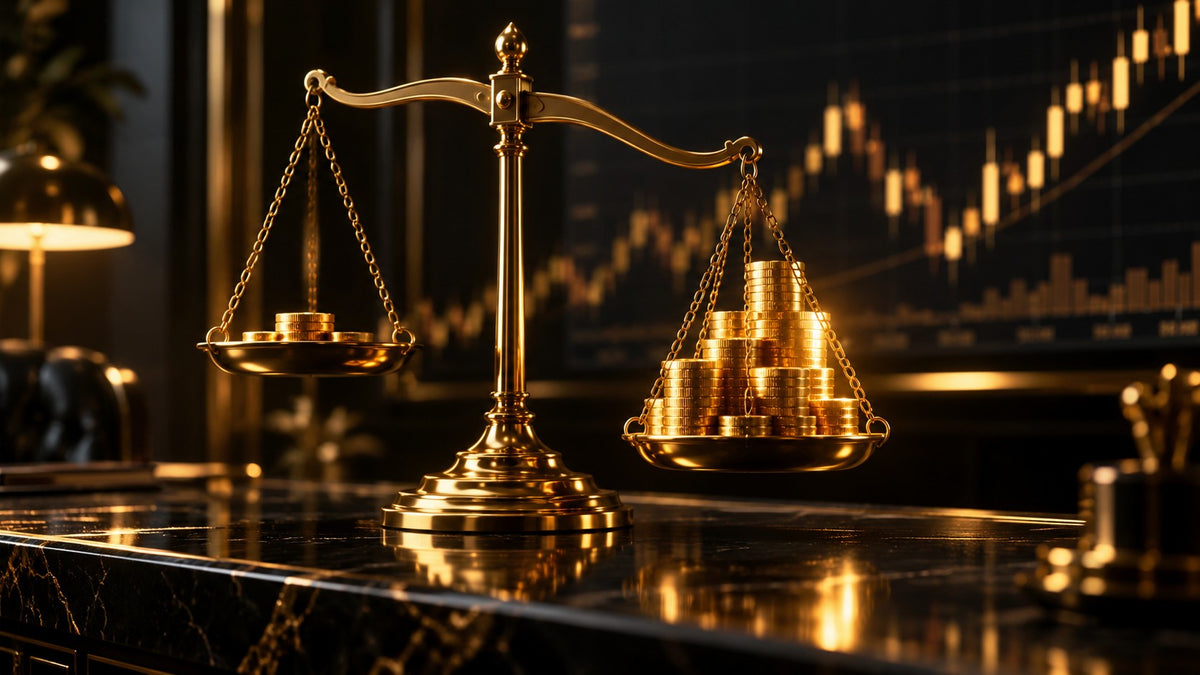 Golden balance scale with coins representing leverage and margin