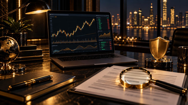 Laptop with a trading platform, gold shield and magnifying glass over a document