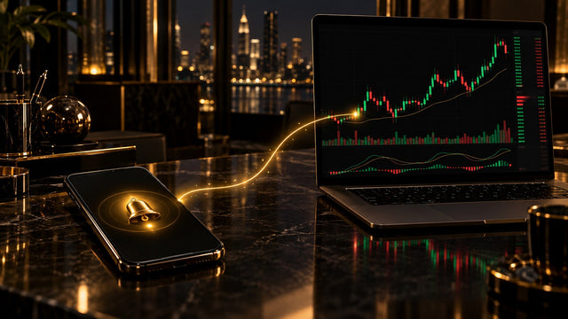 Smartphone alert connected by a gold line to a laptop running a trading platform