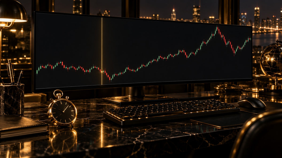 Historical candlestick chart with a gold marker line and a stopwatch
