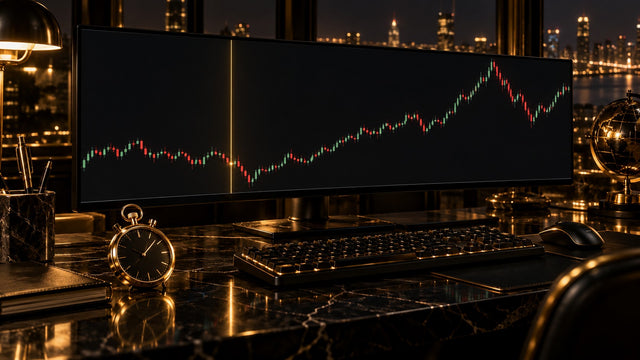 Historical candlestick chart with a gold marker line and a stopwatch