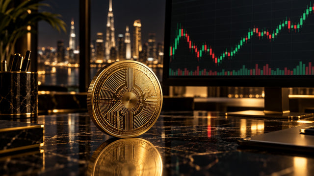 Gold Bitcoin coin in front of a monitor showing a crypto candlestick chart