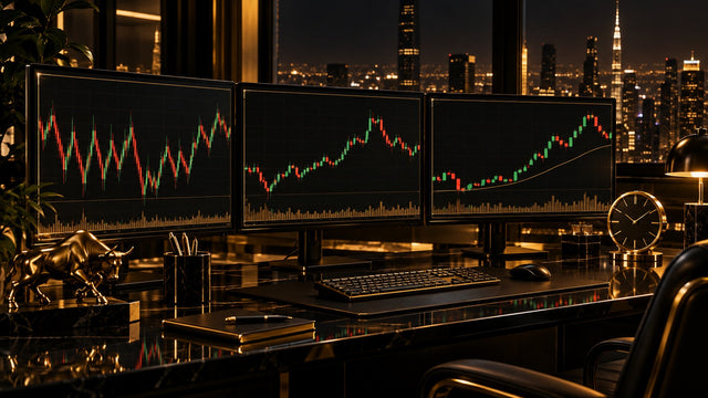 Three monitors showing the same chart on different timeframes next to a gold clock