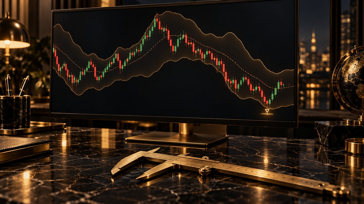 Dark chart with volatility bands and a gold stop level