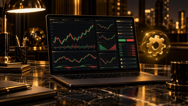 MetaTrader 5 screen with dark charts and gold accents