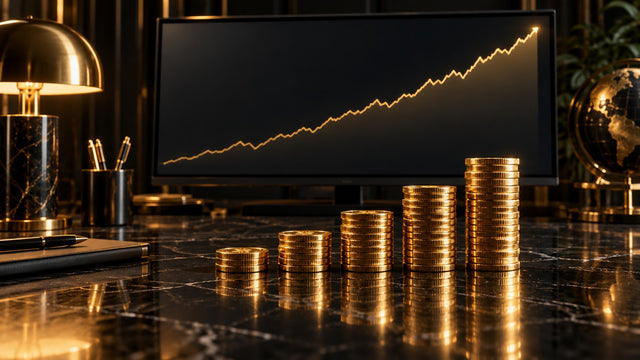 Ascending gold steps on a black background with a chart behind them