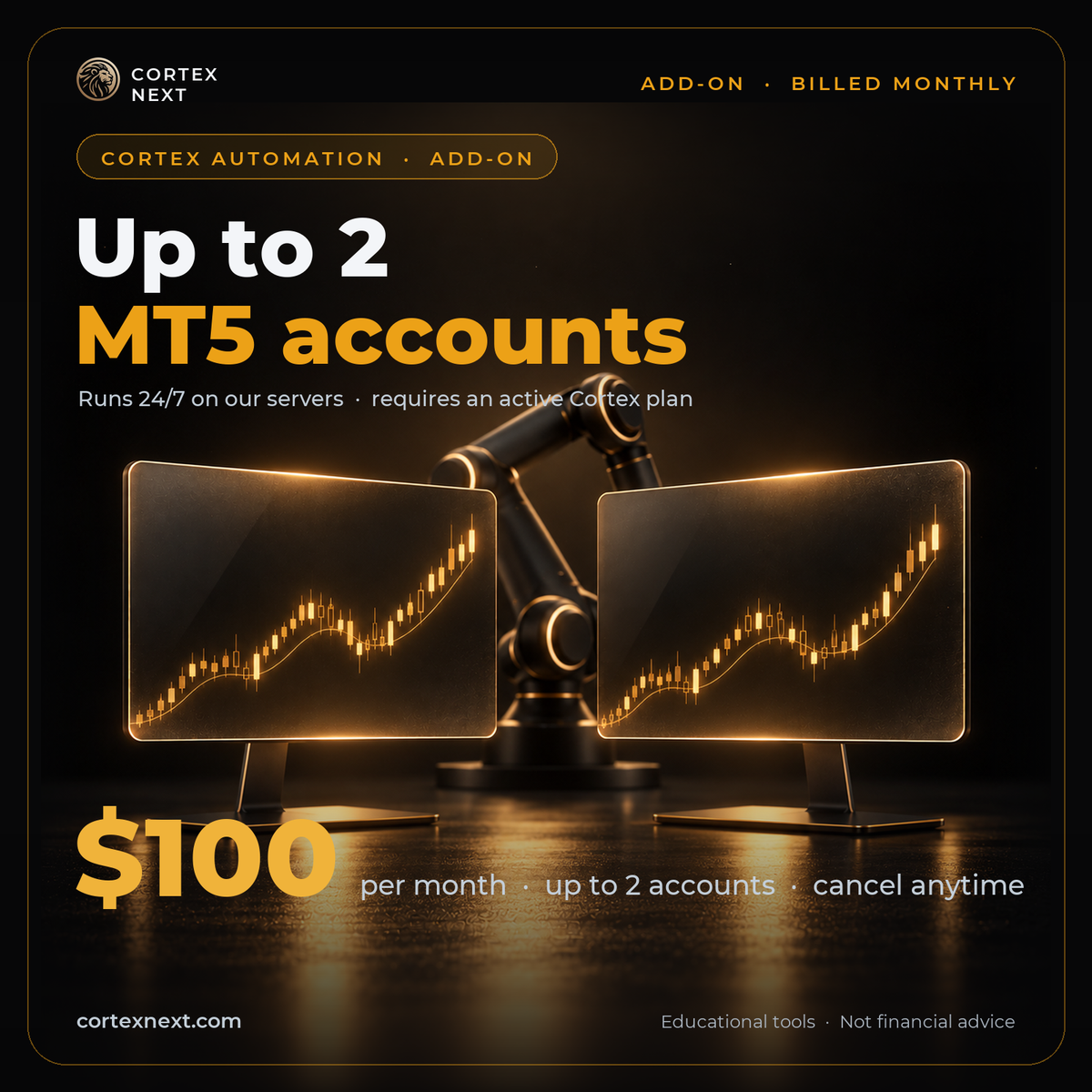 Automation Monthly Fee (add-on, requires a plan) · up to 2 MT5 accounts · billed monthly